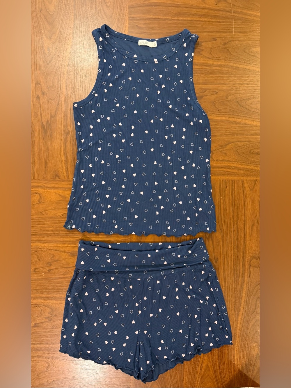 Barefoot Dreams Malibu Navy Tank & Shirts Pajamas Set with Pink Hearts Size L